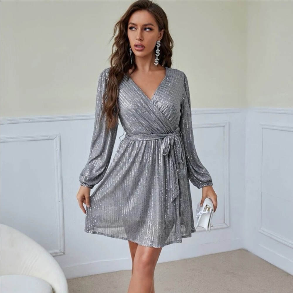 Surplice Neck Belted Sequin A-Line Dress Silver